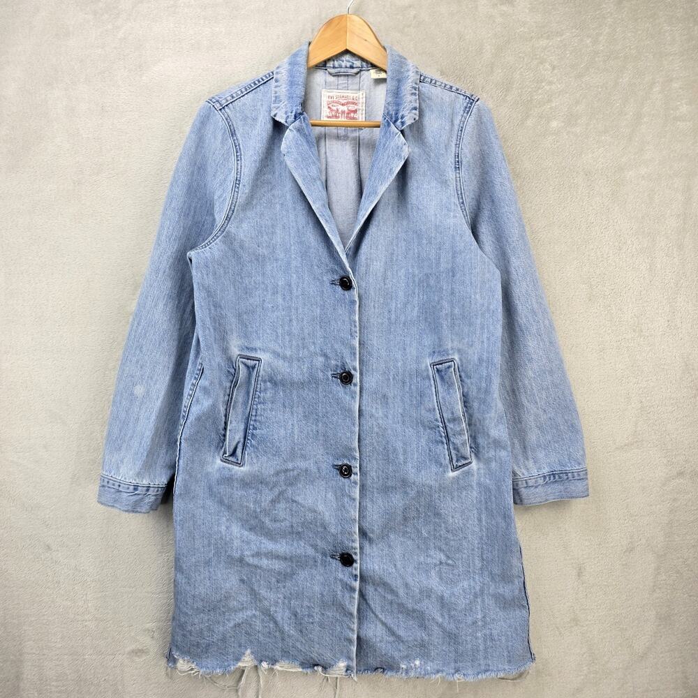 Levis Josette Duster Long Coat Womens Medium Button Front Distressed Hem Western